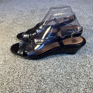 Sofft Womens Andrea Black Patent Leather Slingback Wedge Sandals Size 9 Timeless